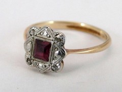 14Kt Gold Two Tone Finish Lab Created Diamond With Red Garnet Art Deco Ring