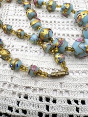 Vintage Murano Venetian Sky Blue Wedding Cake Fiorato Gold Foil Necklace 19”