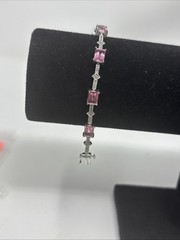 Vtg 10k Gold Pink Topaz Diamond Link Tennis Bracelet Chevron Textured Links READ
