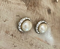 Vintage Pearl Clear Crystal Round Stud Button Cabochon Clip On Earrings 3/4”