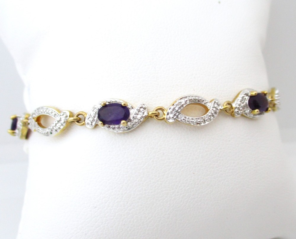 Vintage/Modern Silver & Gold Plated Bracelet Purple Gemstones 925 6211