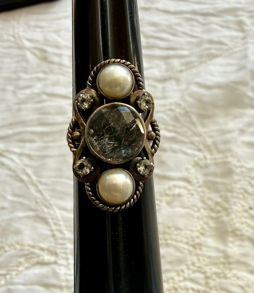 Nicky Butler Ring 925 Silver Black Rutilated Quartz Pearl White Topaz 6.5