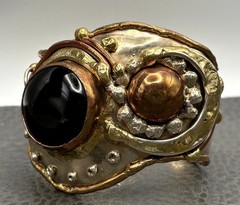 VTG Brutalist Mixed Metal Copper Silver Tone Wide Cuff Bracelet Black Stone 7”