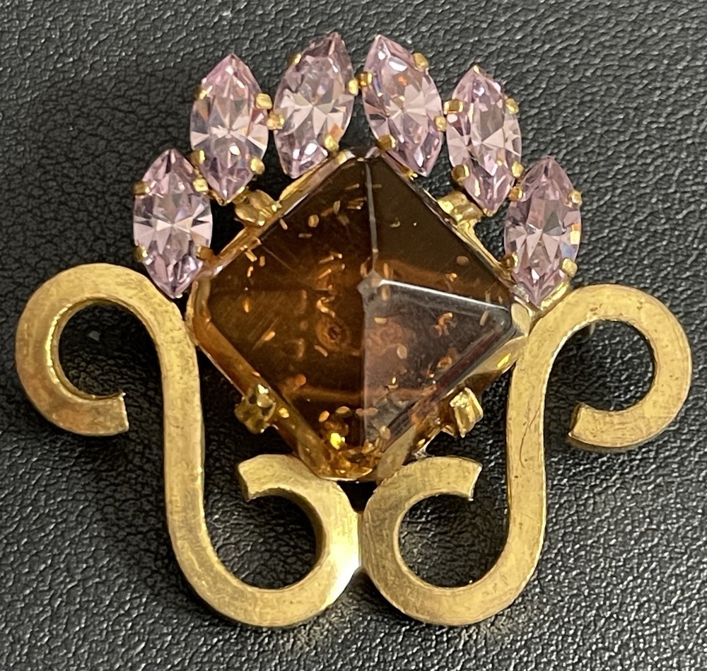 Antique Art Deco Czech Brooch “Glow” Lilac Rhinestones Trombone Clasp c1920s