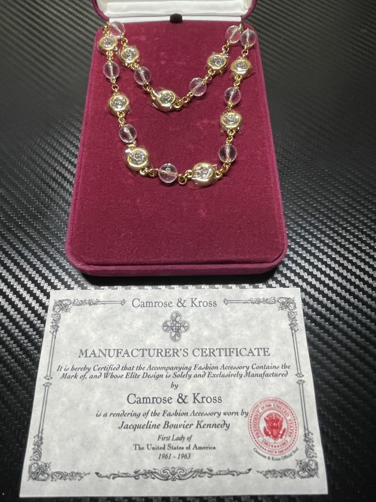 Camrose & Kross Jacqueline Kennedy Crystal Necklace Gold Tone Bezel Set Box COA