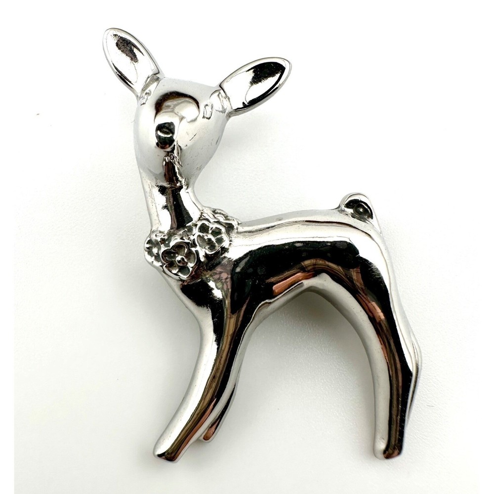 Reindeer Brooch Pin with a Floral Collar Vintage 1960’s Silver Tone