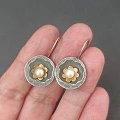 Modernist Pearl Earrings Handmade Silver Gold Israeli Artist Studio VTG Jewelry