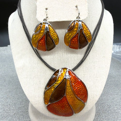 Vintage Chicos Necklace Earrings Jewelry Set Orange Brown Enamel Silver Tone