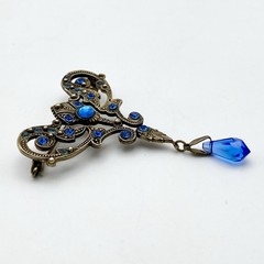 Vintage Victorian Revival Blue Glass Dangle Brooch Moonglow Cabochon Brass Pin