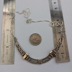 Ethnic Revival Sterling Silver Bib Necklace Israeli Artisan Gold Accent Scroll