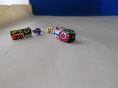 Vtg Millefiori Dangle Pierced Post Drop Earrings Colorful Red & Blue Art Glass