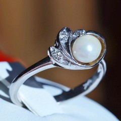 10k white gold size 6.75 ring 5.3mm cultured pearl natural diamond antique 2.28g