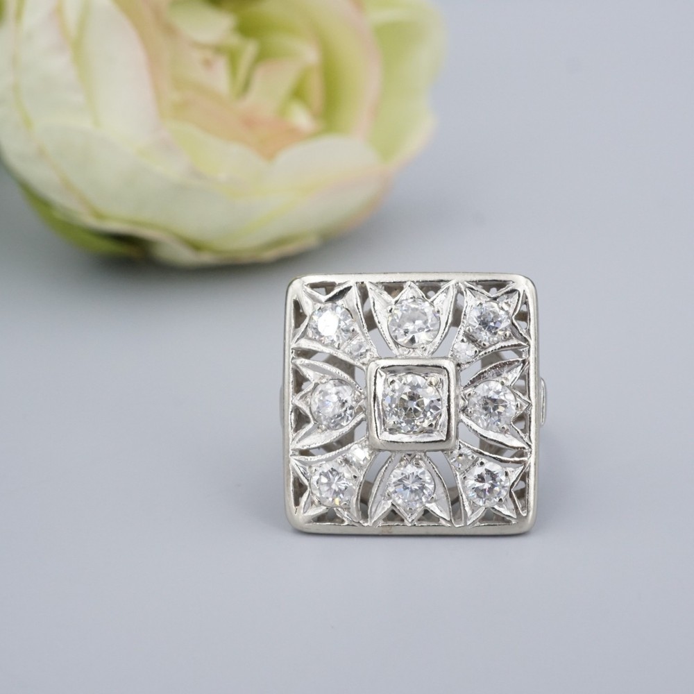 Vintage Natural Diamond Square Ring 14k White Gold Size 6.25 Statement RG4874