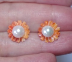 12MM Orange MOP Carved Flower Jackets For Stud Earrings Use With Any Studs