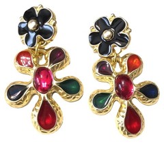 Multicolor Poured Resin Earrings Gold Tone Cabochon Floral Flower Power 1980’s