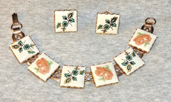 Vintage Ceramic Set Bracelet and Earrings with Flowered Tiles