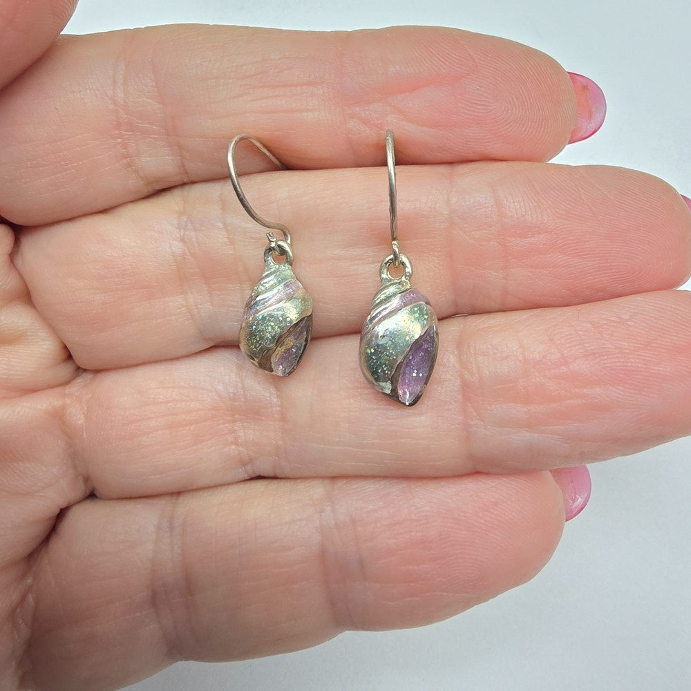 Glitter Enamel Silver Tone Metal Shell Dangle Pierced Earrings Vintage