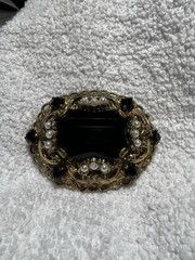 Vintage West Germany Filigree Gold Tone Pearl & Black Rhinestone Brooch Pin