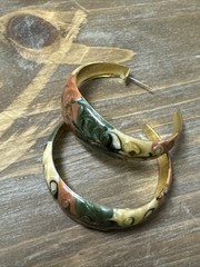 Vintage Multi-Color Enamel & Gold Tone Swirl Semi-Hoop Pierced Earrings
