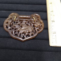 Carved Brown Stone Pendant Gold Tone