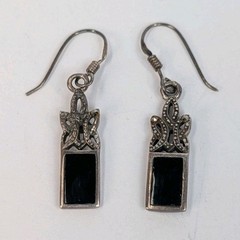 Vintage Sterling Silver 925 Art Deco Style Marcasite Black Onyx Dangle Earrings