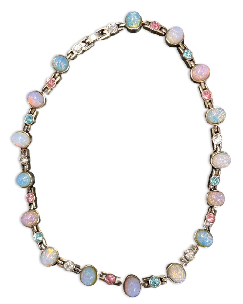 Givenchy Vintage Opal Cabochon Collar Necklace Silvertone Crystal Runway