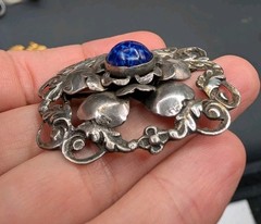 Vtg 800 Silver Made in Israel Blue Art Glass Flower Brooch Pin Trombone Clasp
