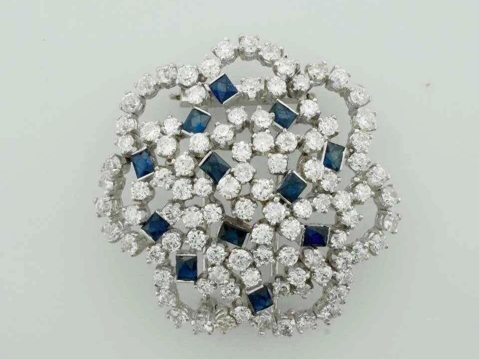 11.30CT Blue Sapphire & White CZ Solitaire Style Womens Brooch In 925 Silver.