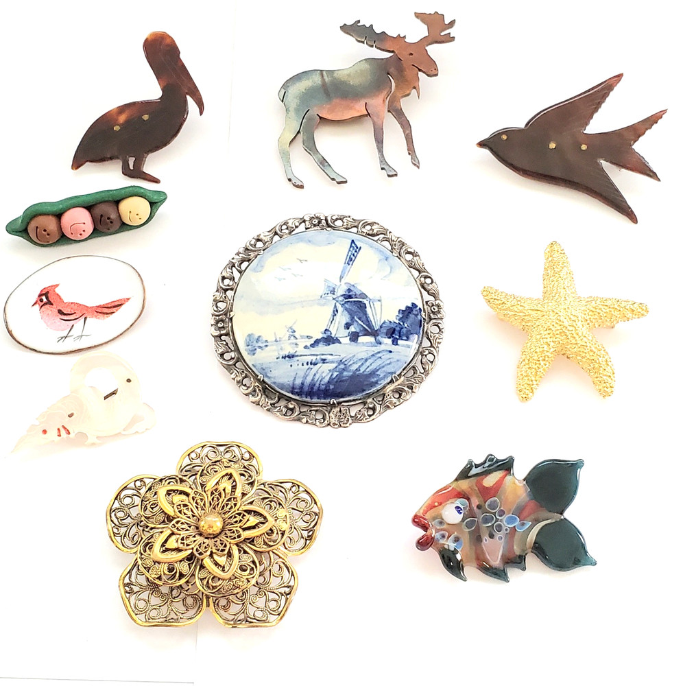 Vintage Brooch Lot Of 10 Varied Styles, Composition, Character & Age