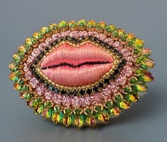 Celeste Mogador/ Bisou Vole/Stolen kiss brooch/French pin/Silk hand embroidered