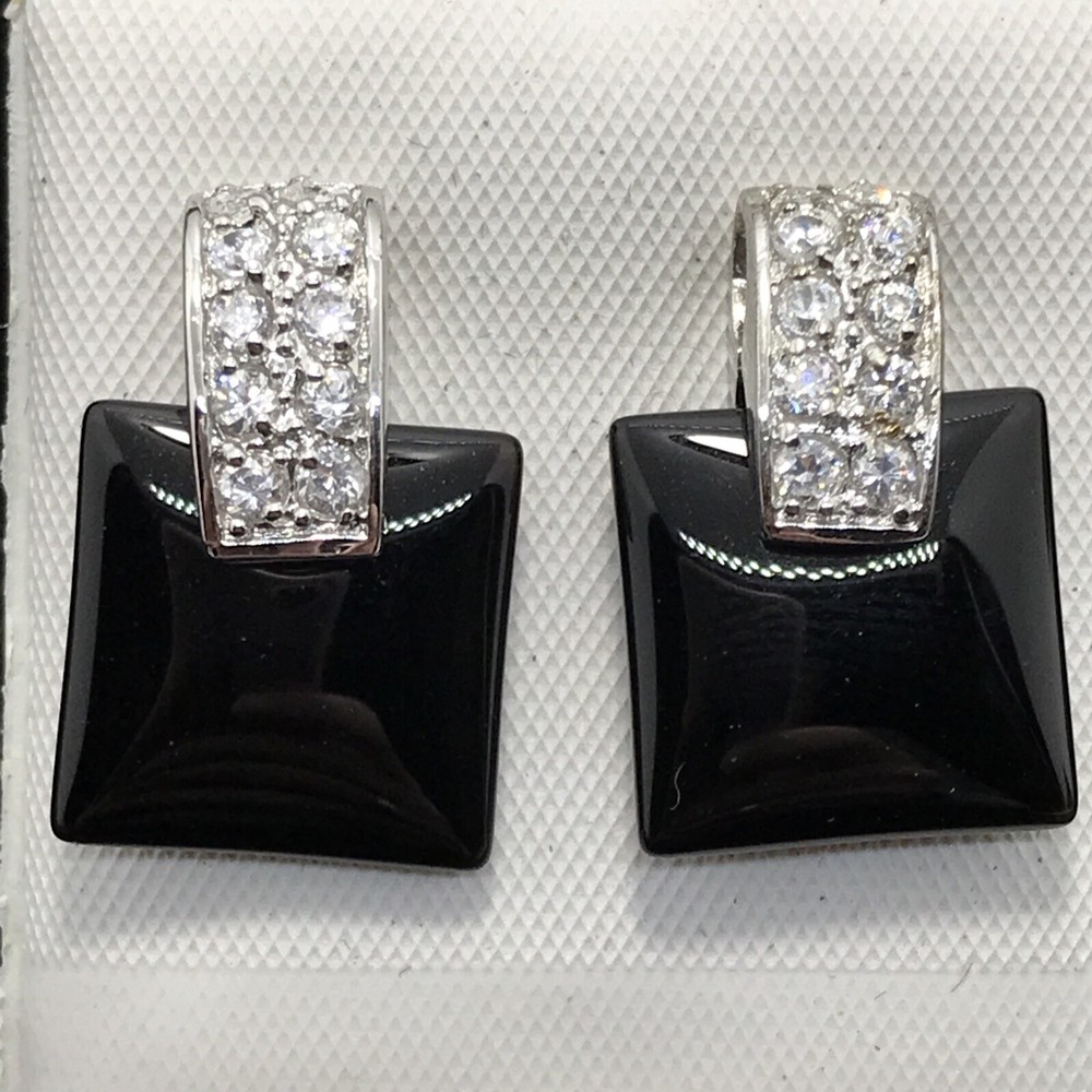 Vintage Clear Cubic Zirconia’s & Black Onyx Glass In Unique Design Earrings