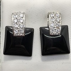 Vintage Clear Cubic Zirconia’s & Black Onyx Glass In Unique Design Earrings