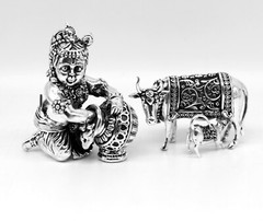 925 sterling silver baby krishna makkhan Gopala kamdhenu cow figurine su229