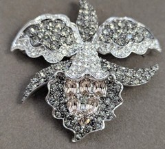 Nolan Miller Signed Orchid Flower Crystal Brooch Pink Clear Smoky Gray In Box