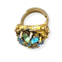 Vintage Signed Barclay Uranium Glass Ring Pastel Rhinestone Cluster Adjustable