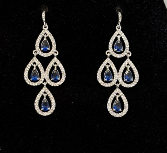Carol Lee Rhinestones & Simulated Sapphire Dangle Chandelier Earrings 2 1/2″