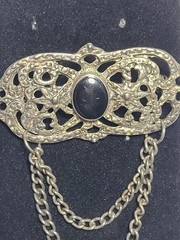 Vintage Style Ornate Metal Brooch Pin Black Agate Onyx Stone Chains Gothic…