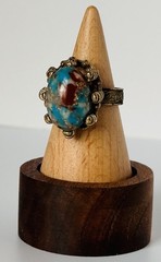 Vintage Ring Turquoise Faux Cabachon Oval Filigree Sz Adjustable Band Engraved