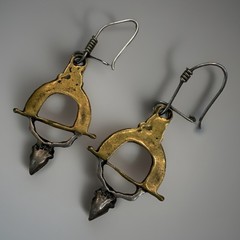 Vintage 925 Mixed Metal Onyx Dangle Earrings Brass Sterling Boho Brutalist