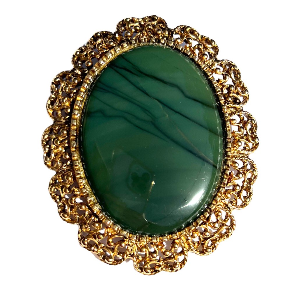 Vintage Large Green Polished Stone Brooch Pin Pendant