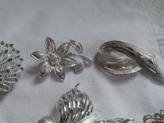 Vintage Brooch Lot Signed Crown Trifari Silver Toned Judy Lee