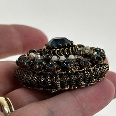 Vtg Dome Shaped Brooch Blue Crystals and Faux Seed Pearls MISSING 7 Faux Pearls