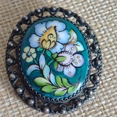 Vintage Soviet Finift Enamel Brooch Hand Painted Floral Oval Pin Filigree Frame