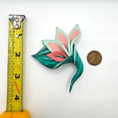 Polymer Clay Flower Brooch Pink Green Handcrafted Tropical Pin Signed 3.5″