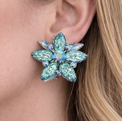 Vintage Judy Lee Blue Iridescent Glass Floral Clip Earrings AB Rhinestone 1960s