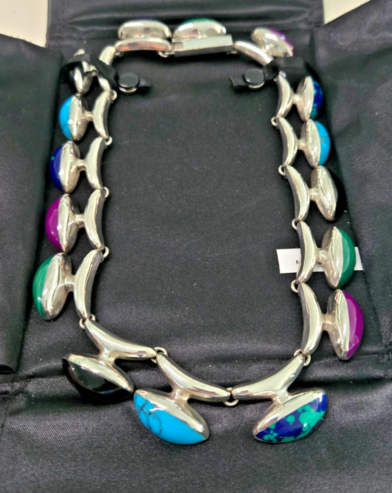Vintage Mexican 925 SS necklace with varied stones turquoise, onyx etc