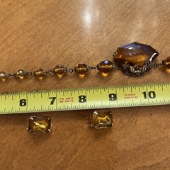 Vintage Czech Large Topaz Amber Faceted Crystal Bead Necklace Clip Earrings Set