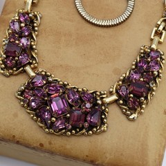 Vtg Barclay Purple Amethyst Rhinestone Gold Tone Necklace Choker Mesh Bib Signed