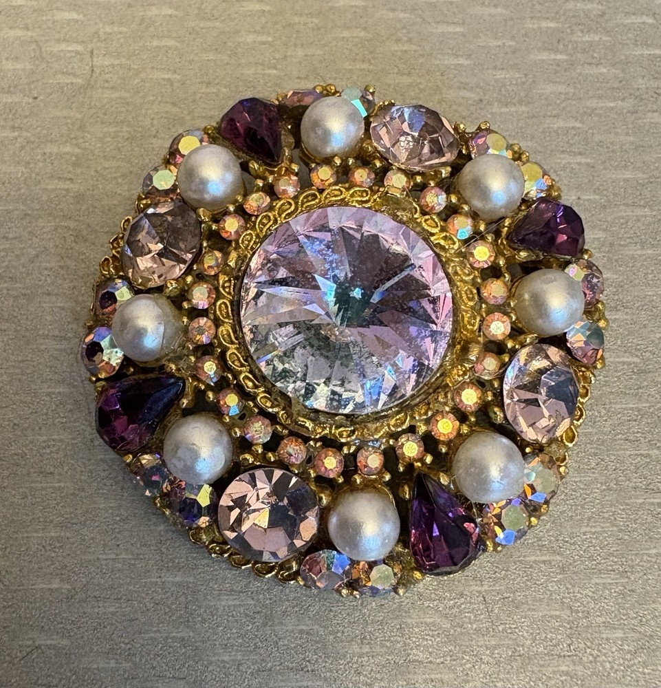 Vintage Signed ART Arthur Pepper Brooch Pink Lavender Purple AB Rhinestone Pearl