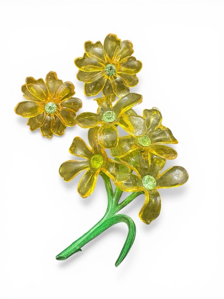 Vintage Uranium Cellulose Acetate Floral Brooch And Clip On Earring Set READ